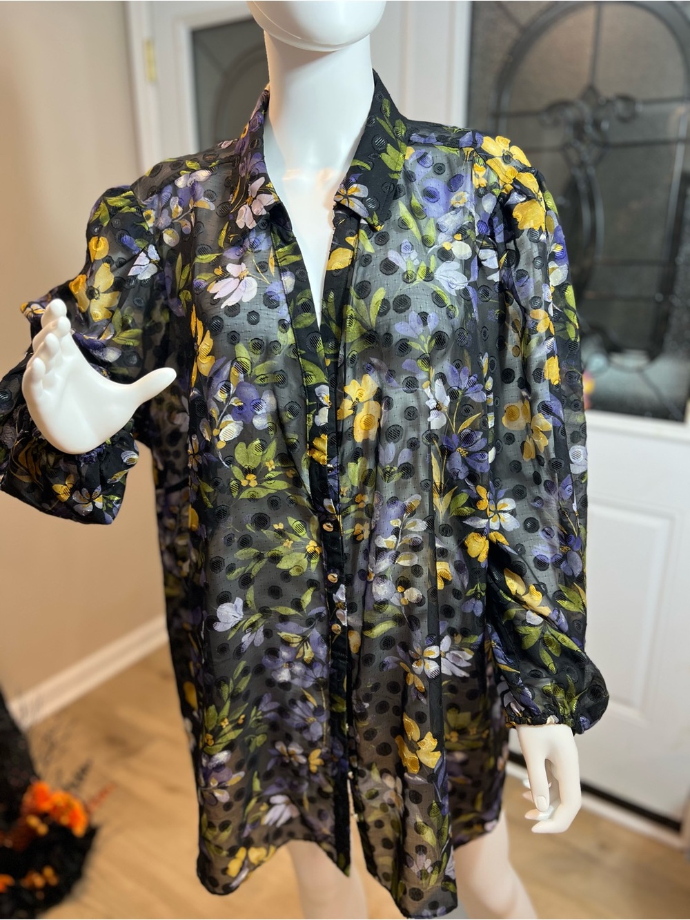 Susan Graver Black Sheer Floral Dot Blouse with Yellow & Purple Flowers